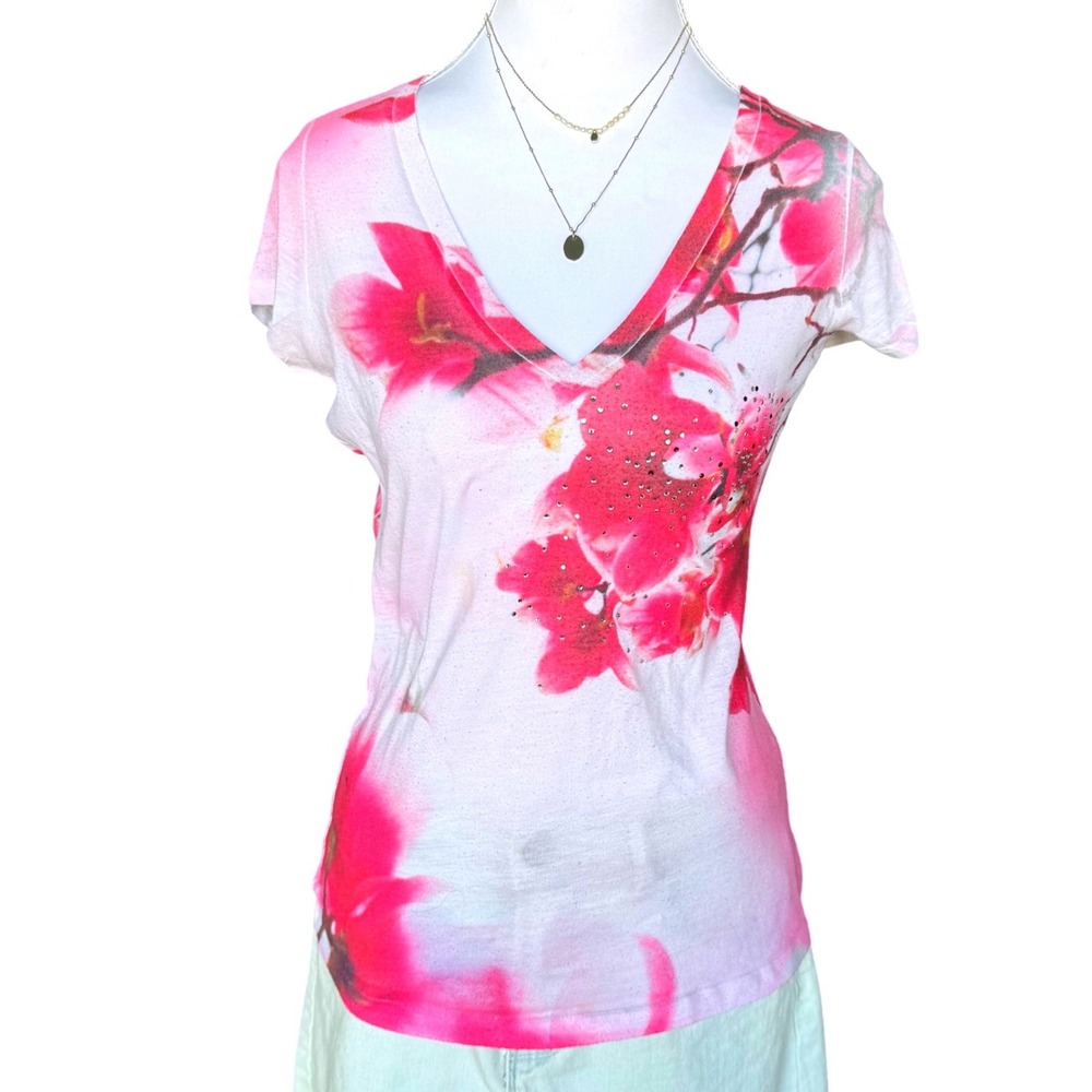 Y2K Express Floral Rhinestone Shirt V-Neck Pink Tunic Top Tee M